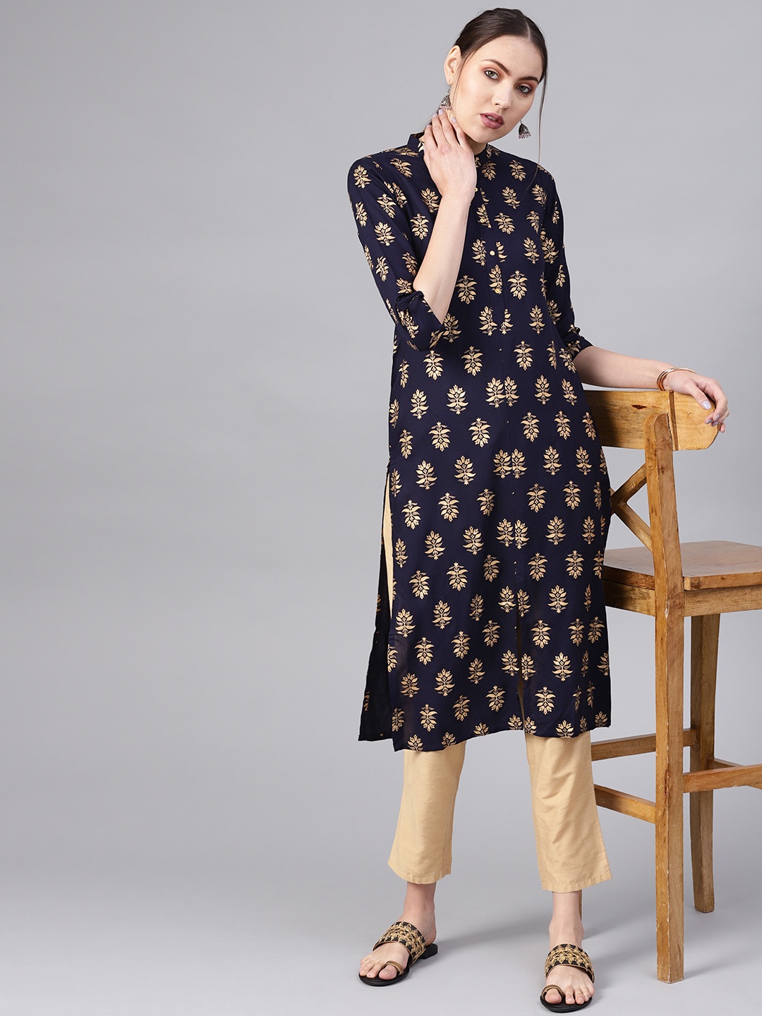 

Gerua By Libas Women Navy Blue Golden Block Print Straight Kurta