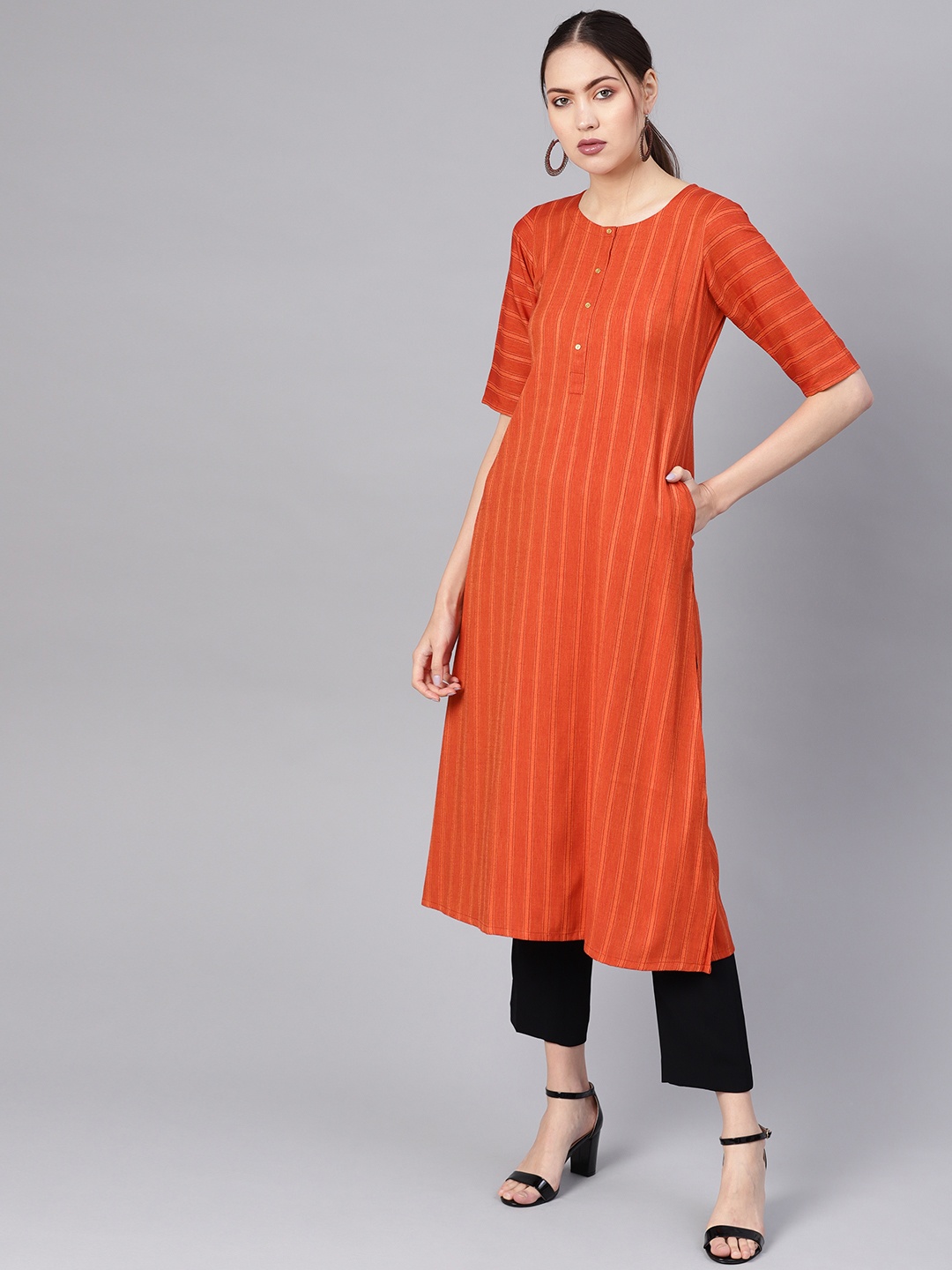 

GERUA Women Orange Striped A-Line Kurta