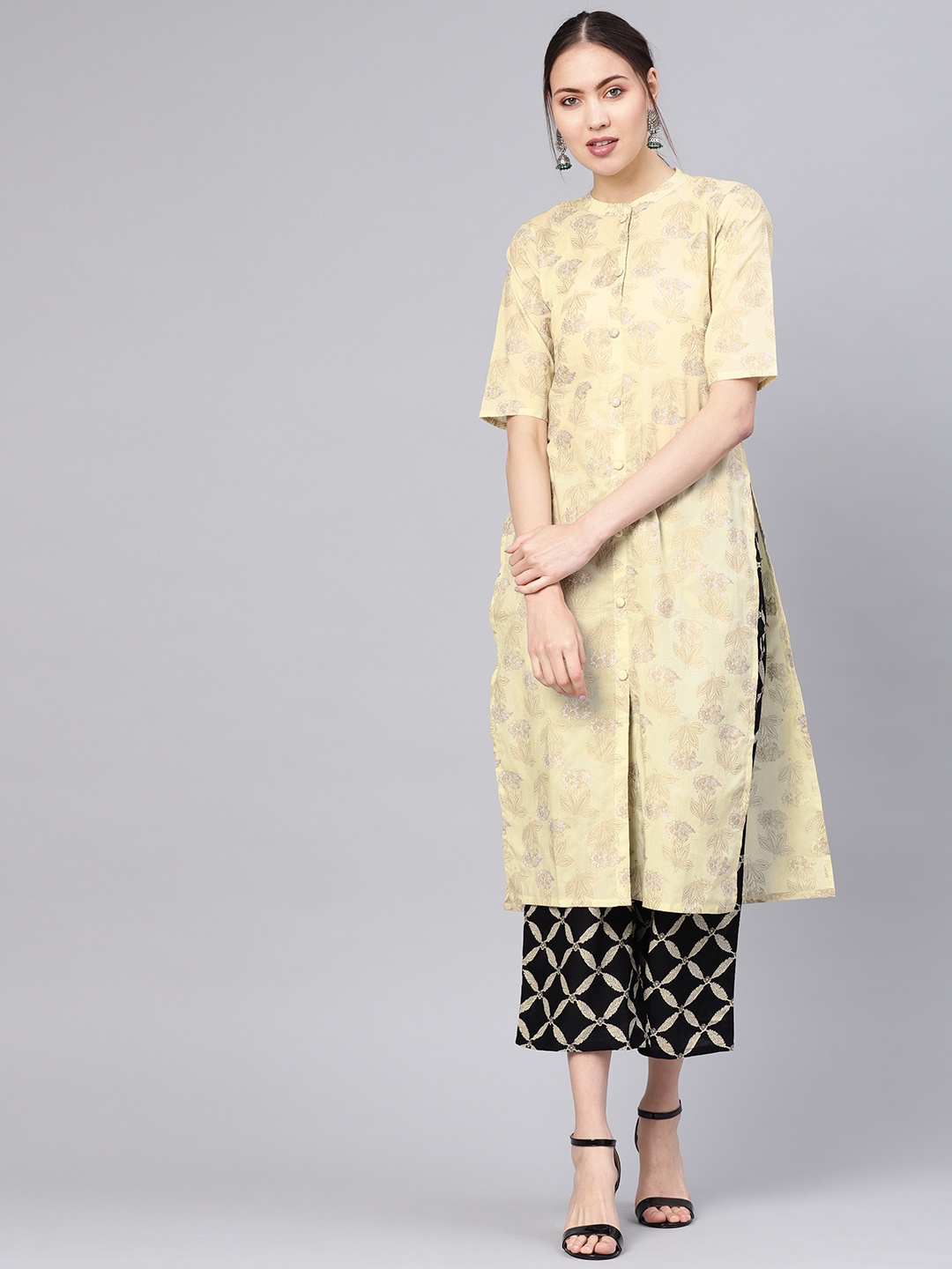

Gerua By Libas Women Beige Black Block Print Kurta with Palazzos
