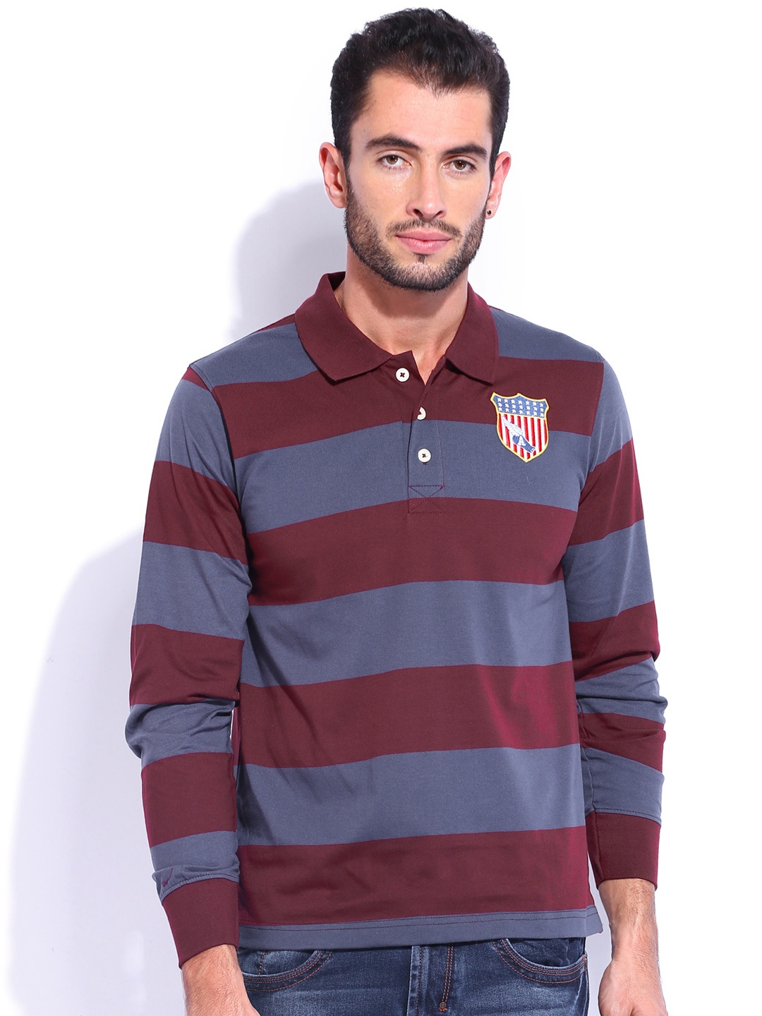 

American Crew Maroon & Slate Grey Striped Polo T-shirt