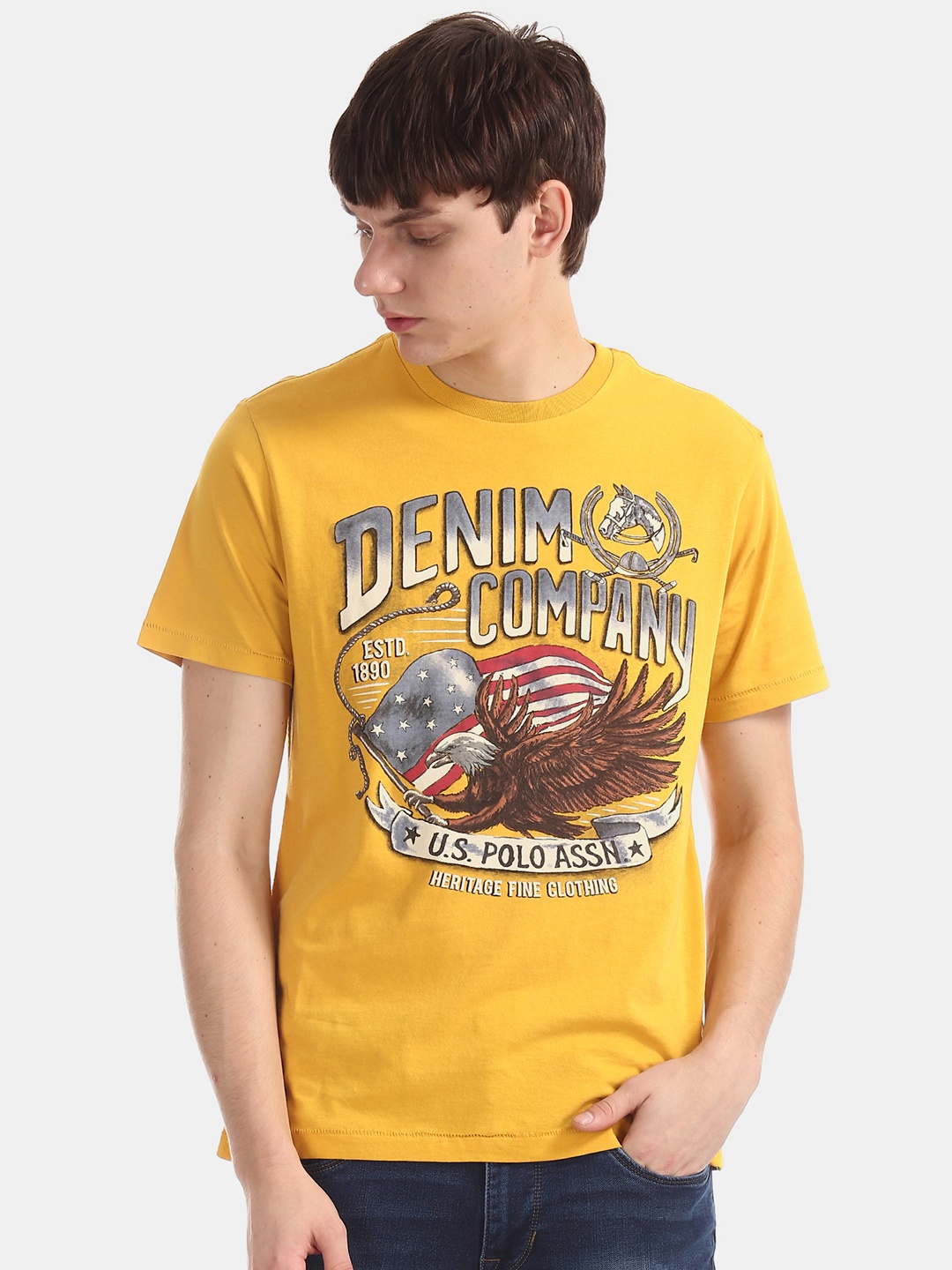 

U.S. Polo Assn. Denim Co. Men Yellow Round Neck Printed Pure Cotton T-shirt