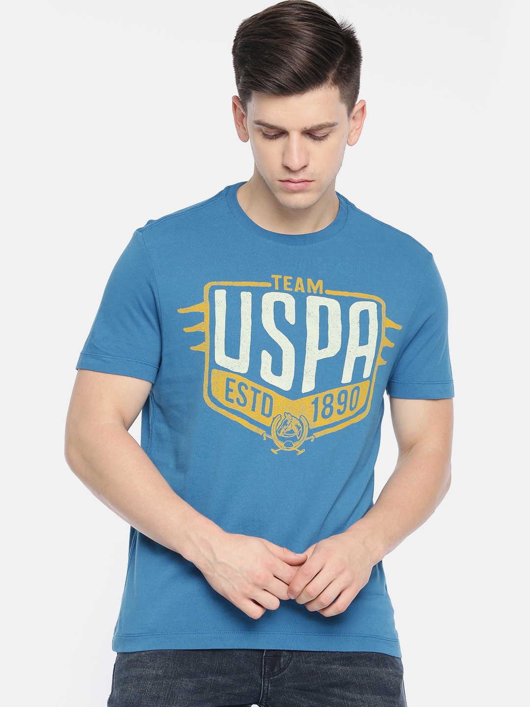 

U.S. Polo Assn. Denim Co. Men Blue Printed Round Neck Pure Cotton T-shirt