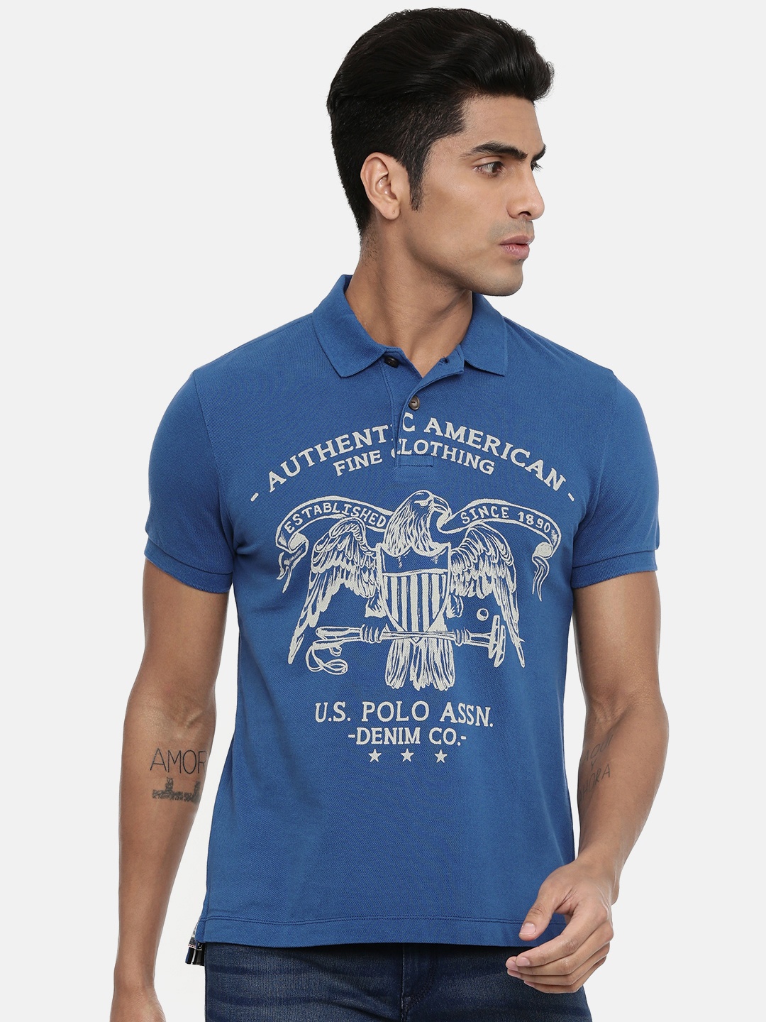 

U.S. Polo Assn. Denim Co. Men Blue Printed Polo Collar Pure Cotton T-shirt