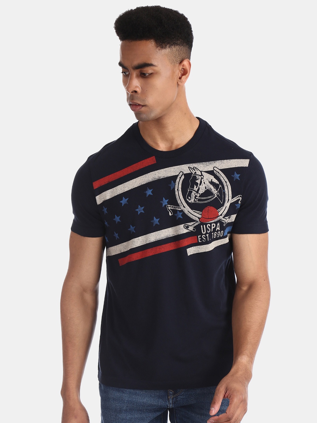 

U.S. Polo Assn. Denim Co. Men Navy Blue Printed Round Neck T-shirt