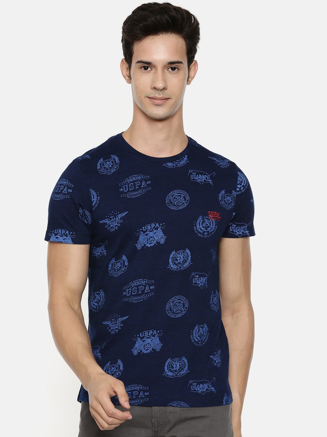 

U.S. Polo Assn. Denim Co. Men Navy Blue Printed Slim Fit Round Neck Pure Cotton T-shirt