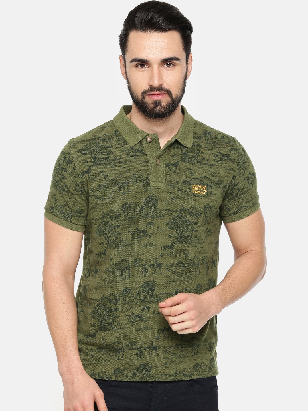 

U.S. Polo Assn. Denim Co. Men Olive Green Printed PoloPure Cotton T-shirt