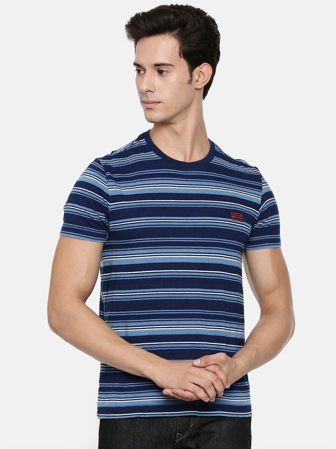 

U.S. Polo Assn. Denim Co. Men Navy Blue Striped Slim Fit Round Neck Pure Cotton T-shirt