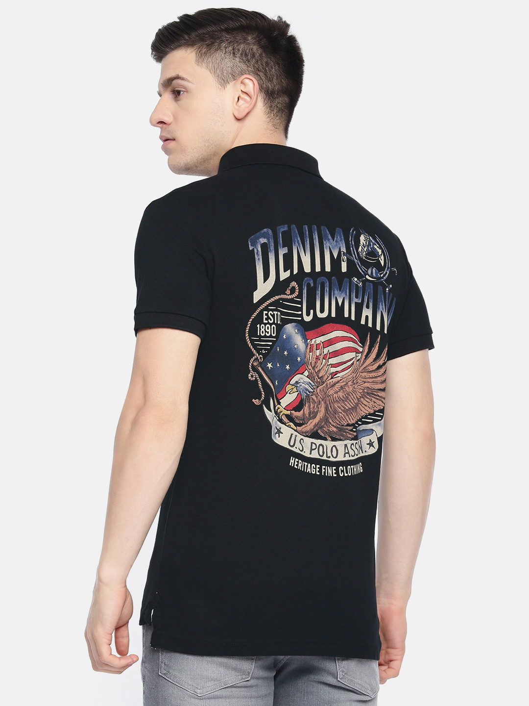

U.S. Polo Assn. Denim Co. Men Black Printed Polo Collar Pure Cotton T-shirt