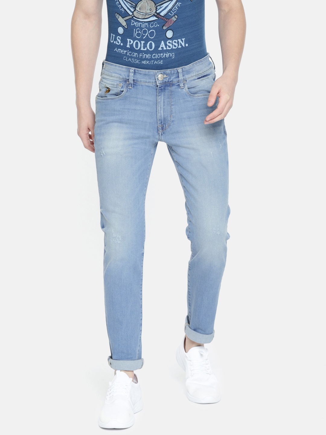 

U.S. Polo Assn. Denim Co. Men Blue Brandon Slim Fit Mid-Rise Low Distress Sustainable Jeans