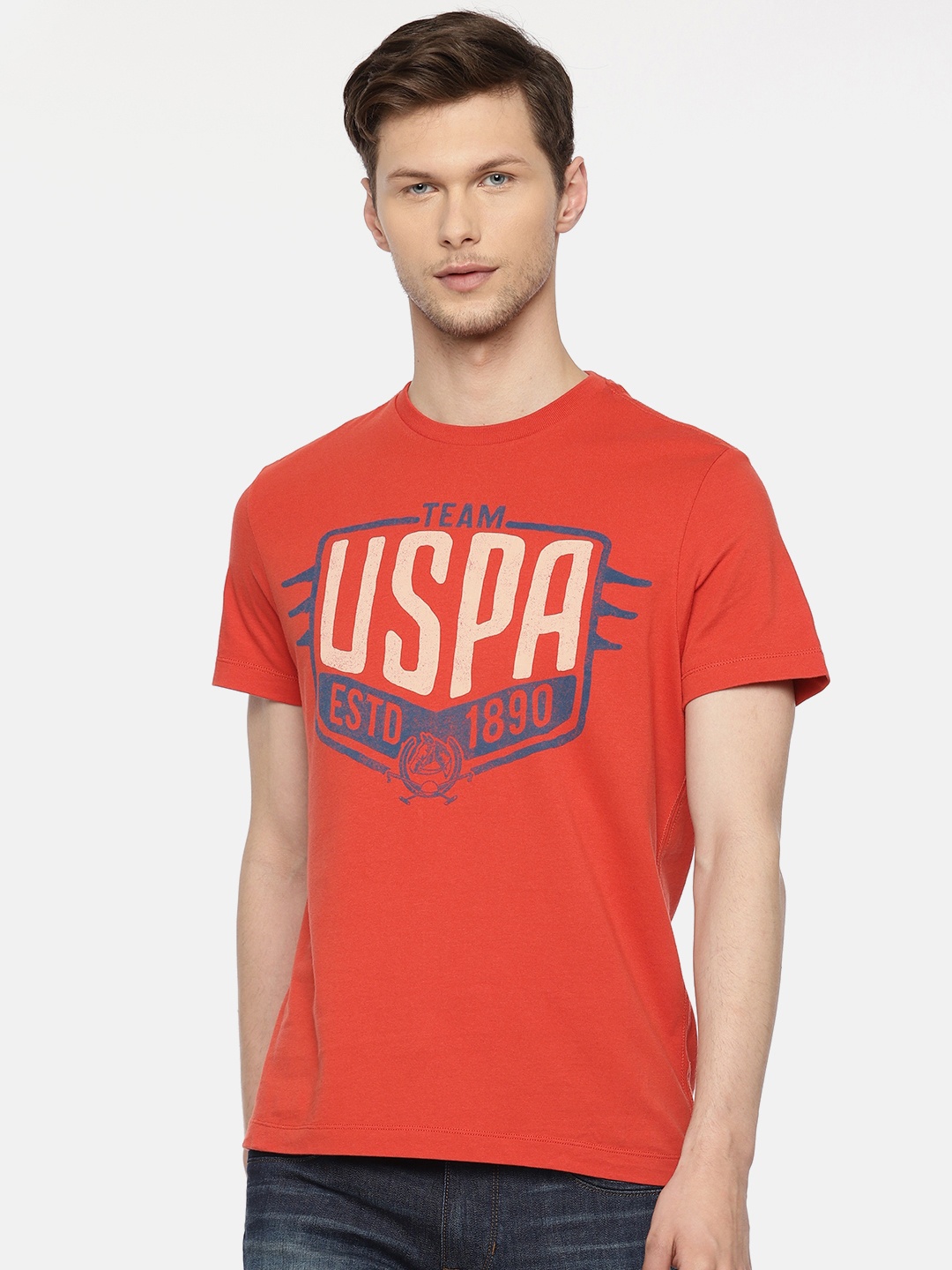 

U.S. Polo Assn. Denim Co. Men Rust Orange Printed Round Neck Pure Cotton T-shirt