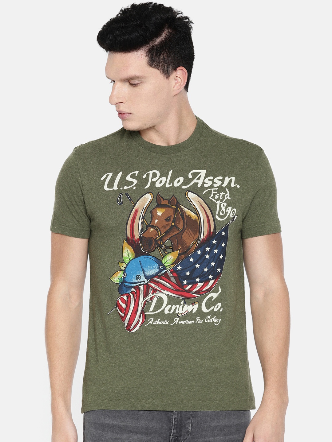 

U.S. Polo Assn. Denim Co. Men Olive Green Printed Slim Fit Round Neck Pure Cotton T-shirt