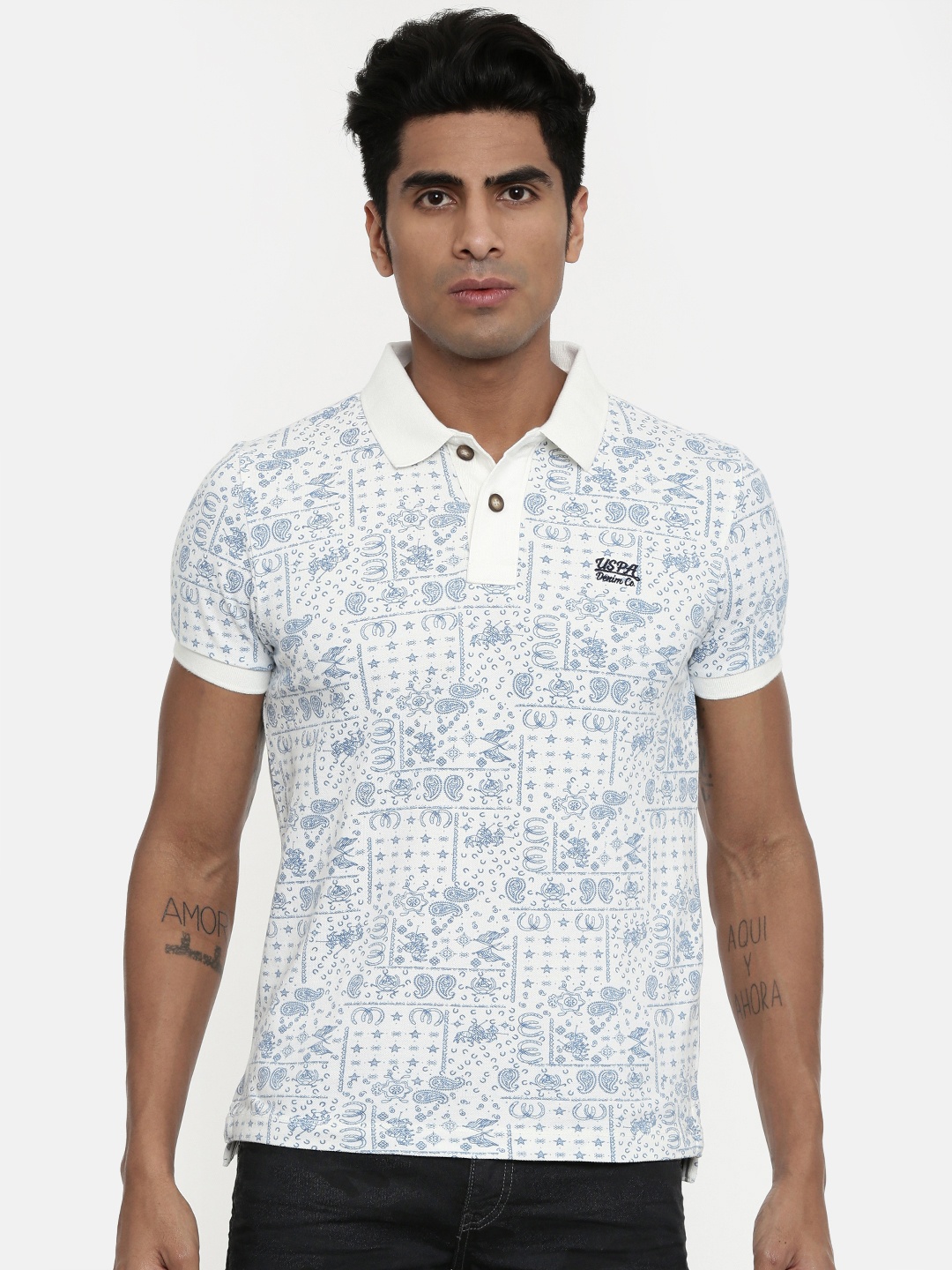 

U.S. Polo Assn. Denim Co. Men Off-White Printed Polo Collar Pure Cotton T-shirt