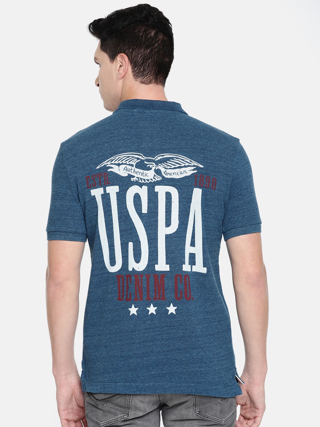 

U.S. Polo Assn. Denim Co. Men Blue Printed Slim Fit Polo Collar Pure Cotton T-shirt