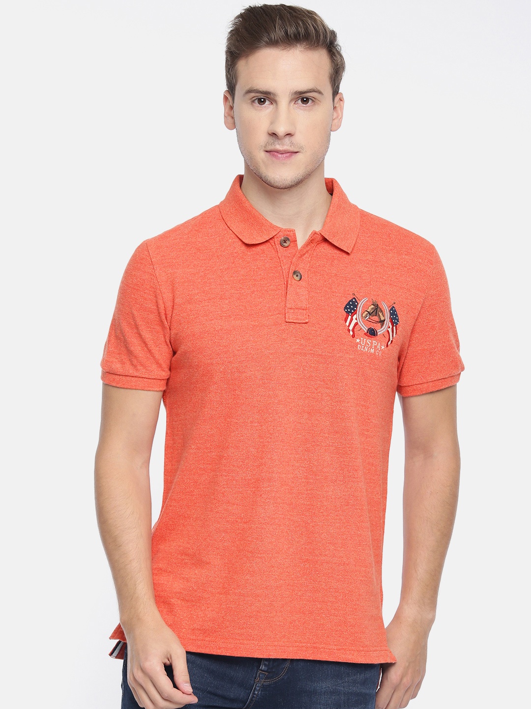 

U.S. Polo Assn. Denim Co. Men Orange Solid Embroidered Polo Collar Pure Cotton T-shirt
