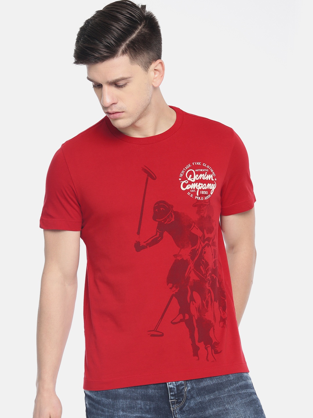 

U.S. Polo Assn. Denim Co. Men Red Printed Round Neck Pure Cotton T-shirt
