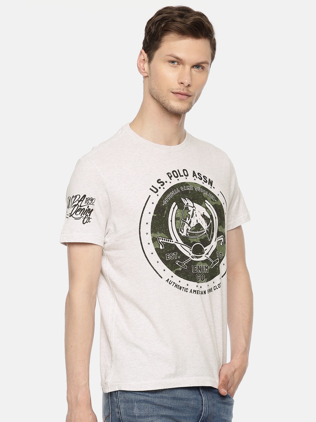 

U.S. Polo Assn. Denim Co. Men Off-White Printed Round Neck Pure Cotton T-shirt