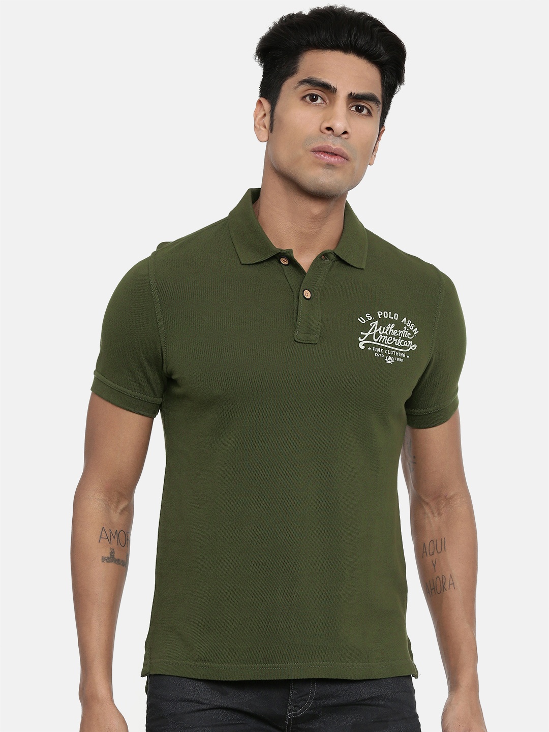 

U.S. Polo Assn. Denim Co. Men Olive Green Printed Polo Collar Pure Cotton T-shirt
