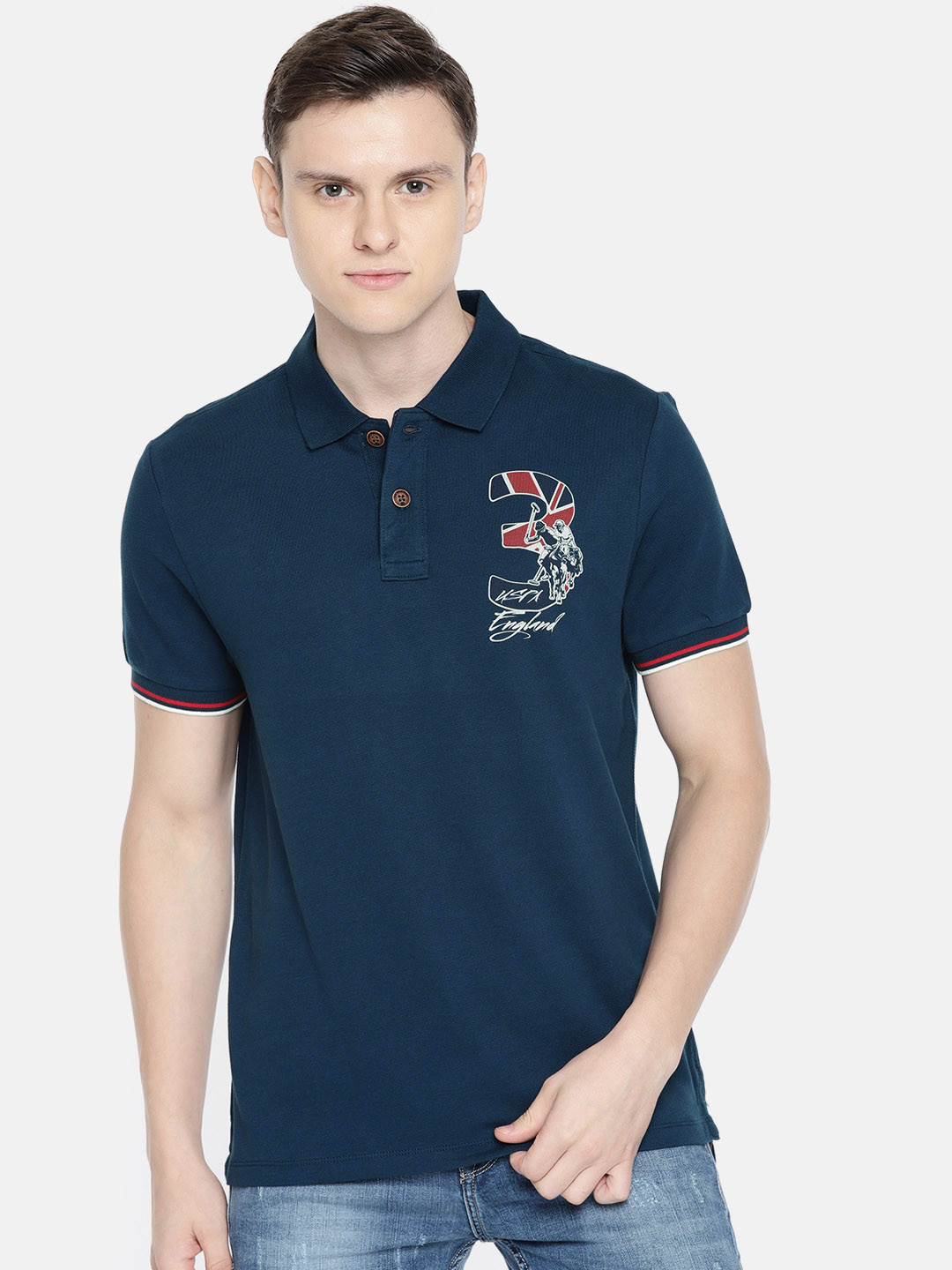 

U.S. Polo Assn. Denim Co. Men Navy Blue Solid Slim Fit Polo Collar Pure Cotton T-shirt