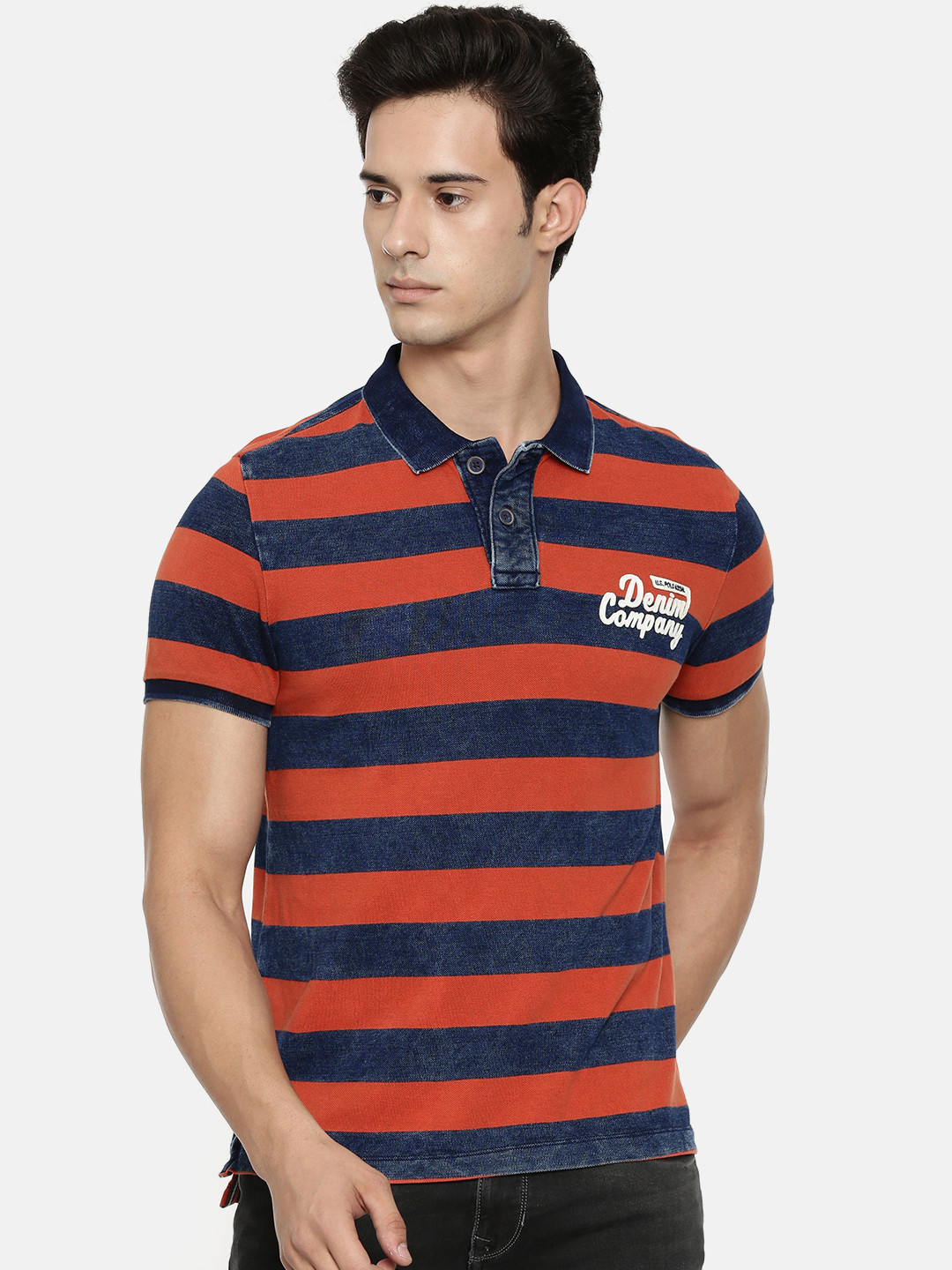 

U.S. Polo Assn. Denim Co. Men Navy Blue Orange Striped Slim Fit Polo Collar Pure Cotton T-shirt