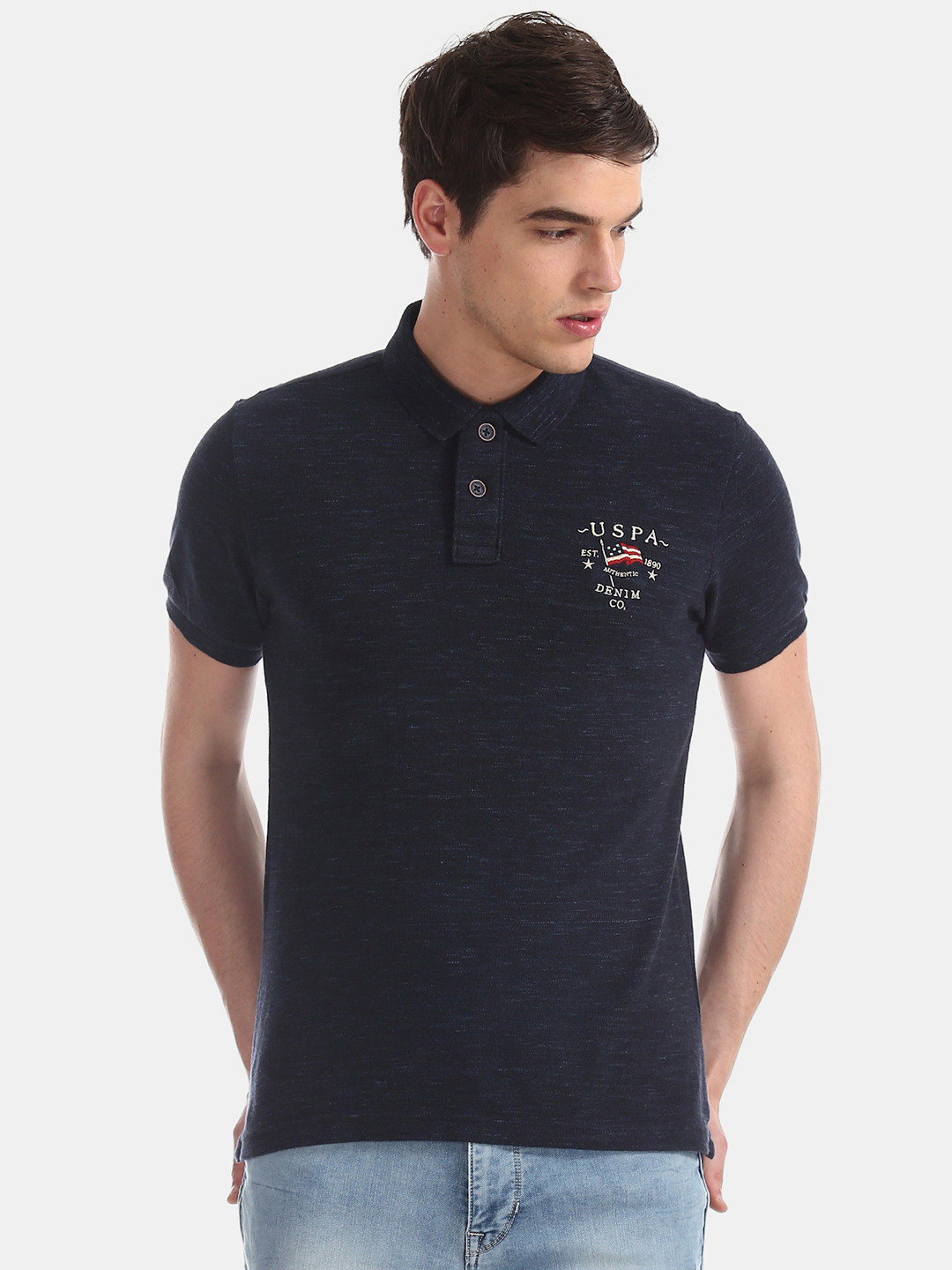 

U.S. Polo Assn. Denim Co. Men Navy Blue Solid Polo Collar Pure Cotton T-shirt