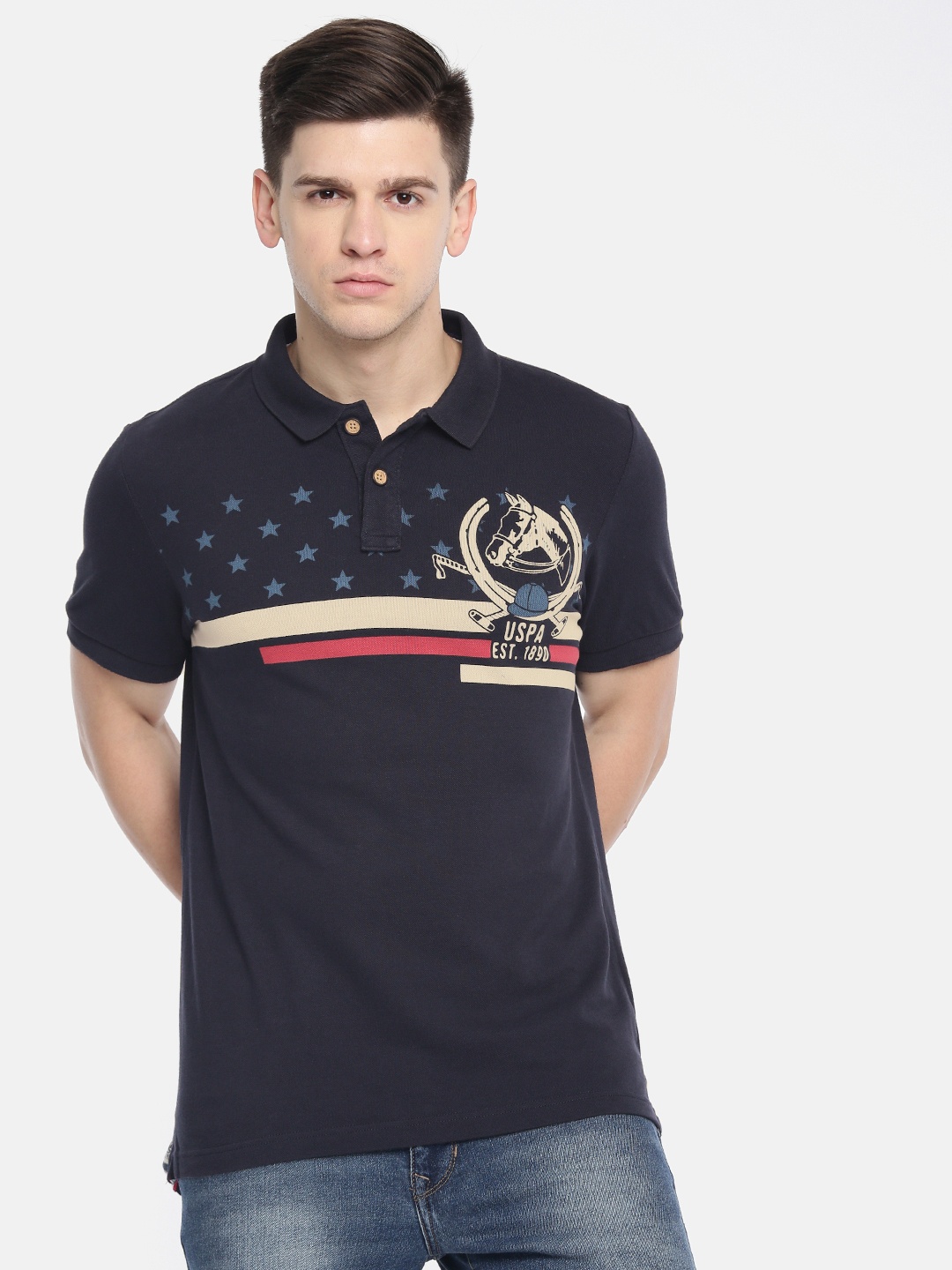 

U.S. Polo Assn. Denim Co. Men Navy Blue Printed Polo Collar Pure Cotton T-shirt