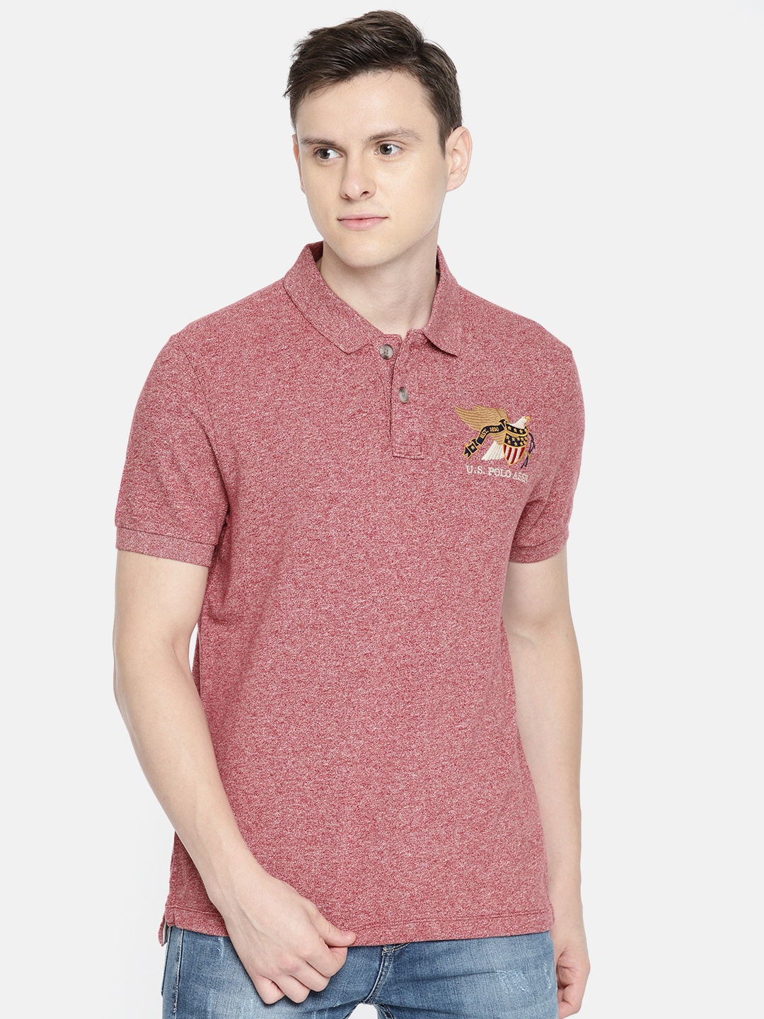 

U.S. Polo Assn. Denim Co. Men Maroon Solid Slim Fit Polo Collar Pure Cotton T-shirt