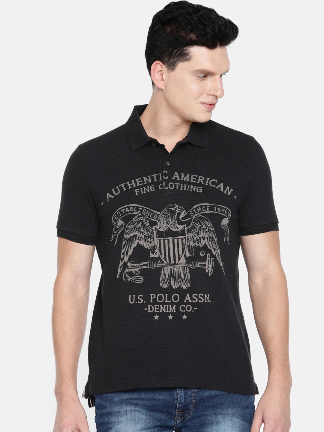 

U.S. Polo Assn. Denim Co. Men Black Slim Fit Printed Polo Collar T-shirt