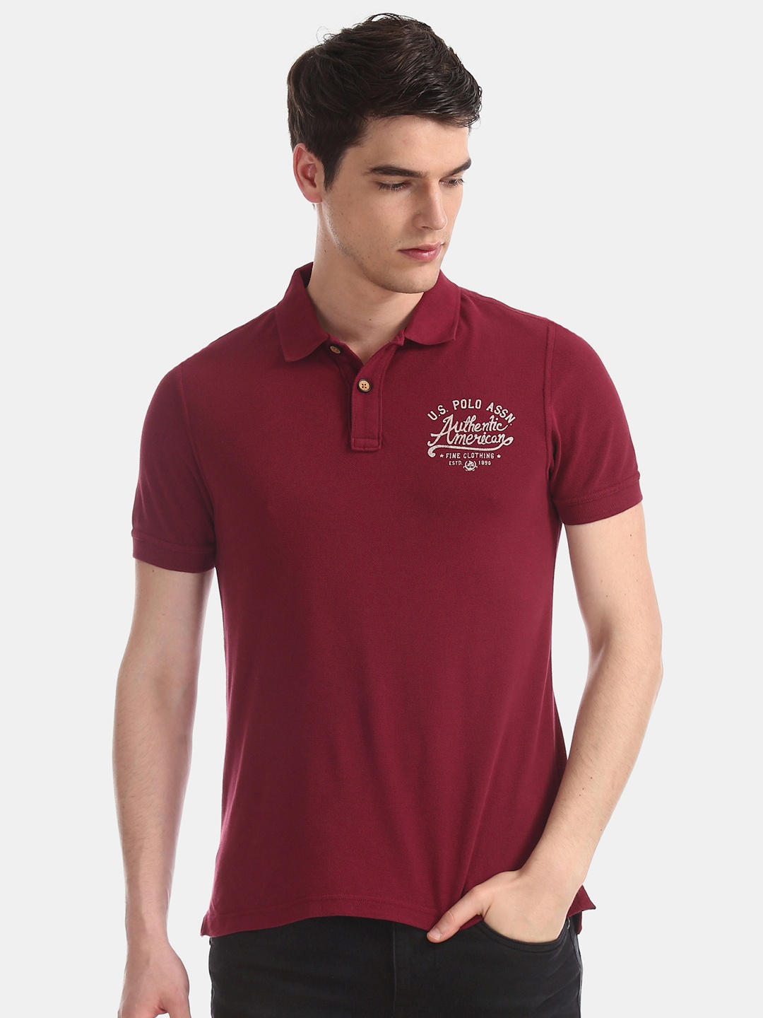 

U.S. Polo Assn. Denim Co. Men Maroon Solid Polo Collar Pure Cotton T-shirt
