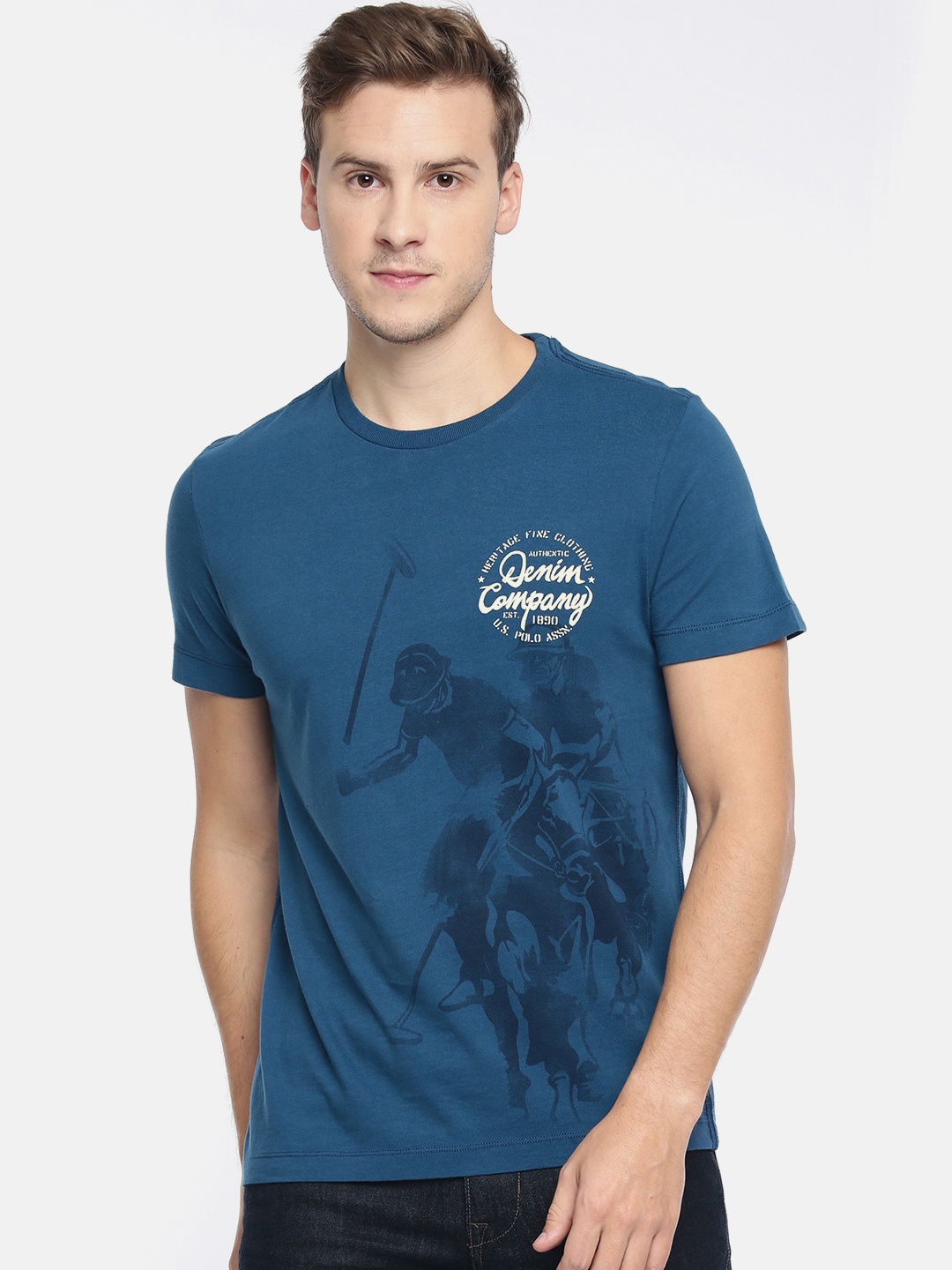 

U.S. Polo Assn. Denim Co. Men Blue Printed Round Neck Pure Cotton T-shirt
