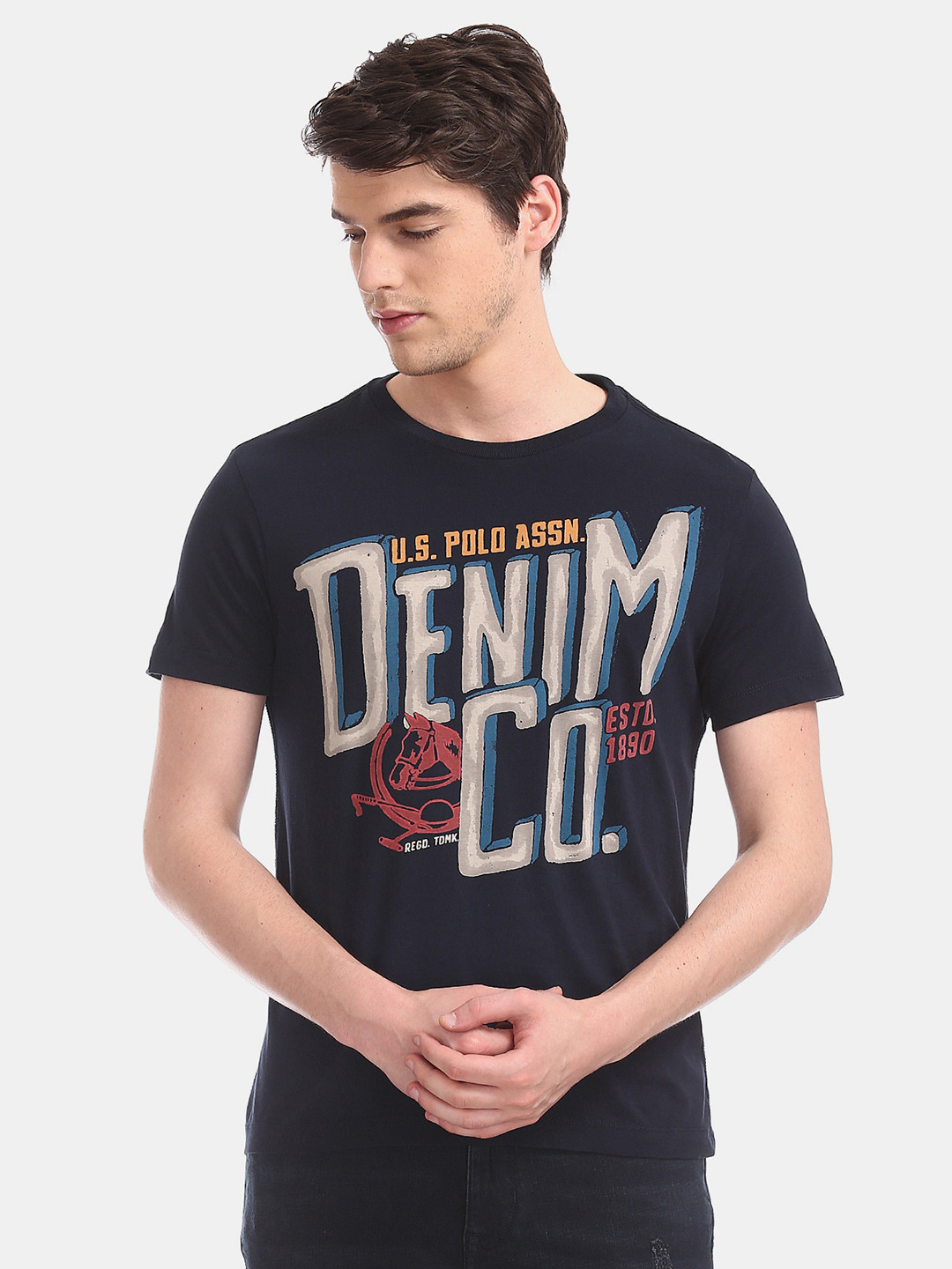 

U.S. Polo Assn. Denim Co. Men Black Printed Round Neck Pure Cotton T-shirt