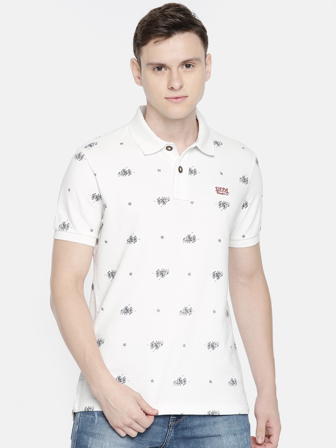 

U.S. Polo Assn. Denim Co. Men White Navy Blue Printed Slim Fit Polo Collar Pure Cotton T-shirt