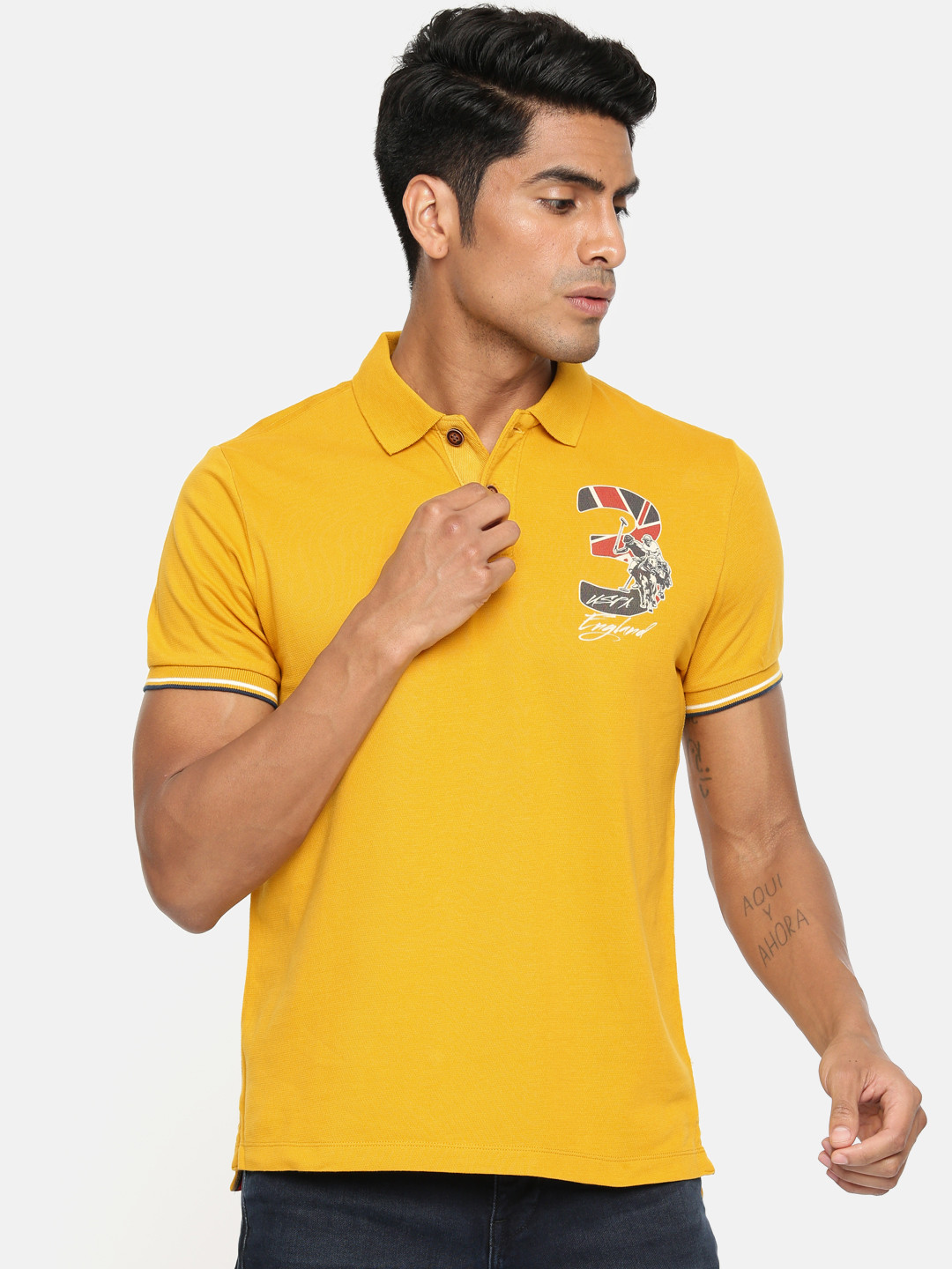 

U.S. Polo Assn. Denim Co. Men Mustard Yellow Solid Polo Pure Cotton T-shirt