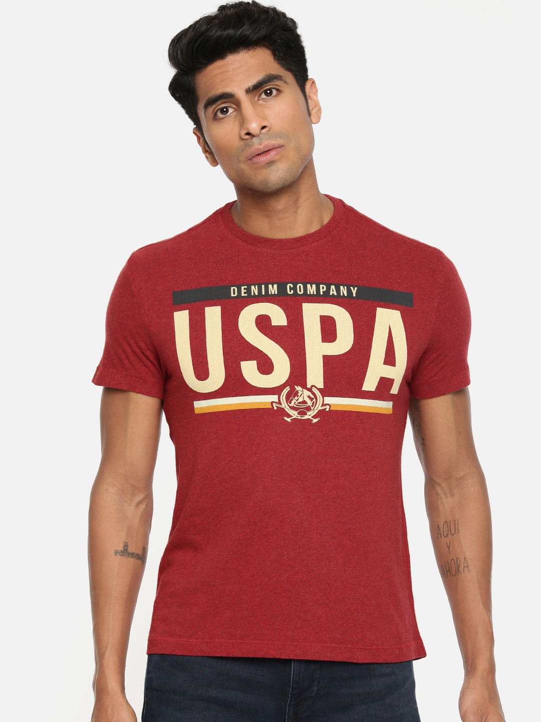 

U.S. Polo Assn. Denim Co. Men Red Printed Round Neck Pure Cotton T-shirt