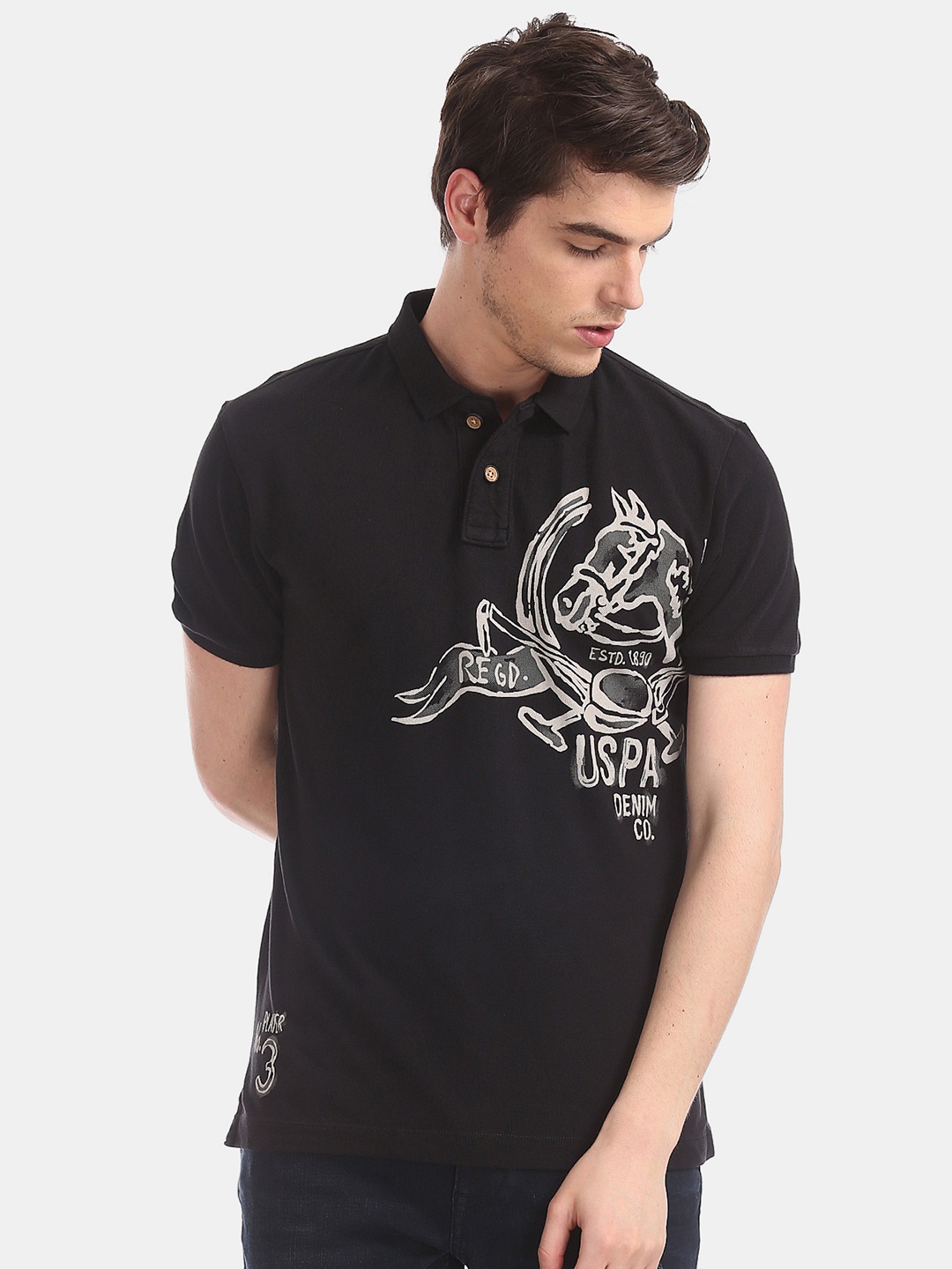 

U.S. Polo Assn. Denim Co. Men Black Solid Polo Collar Pure Cotton T-shirt