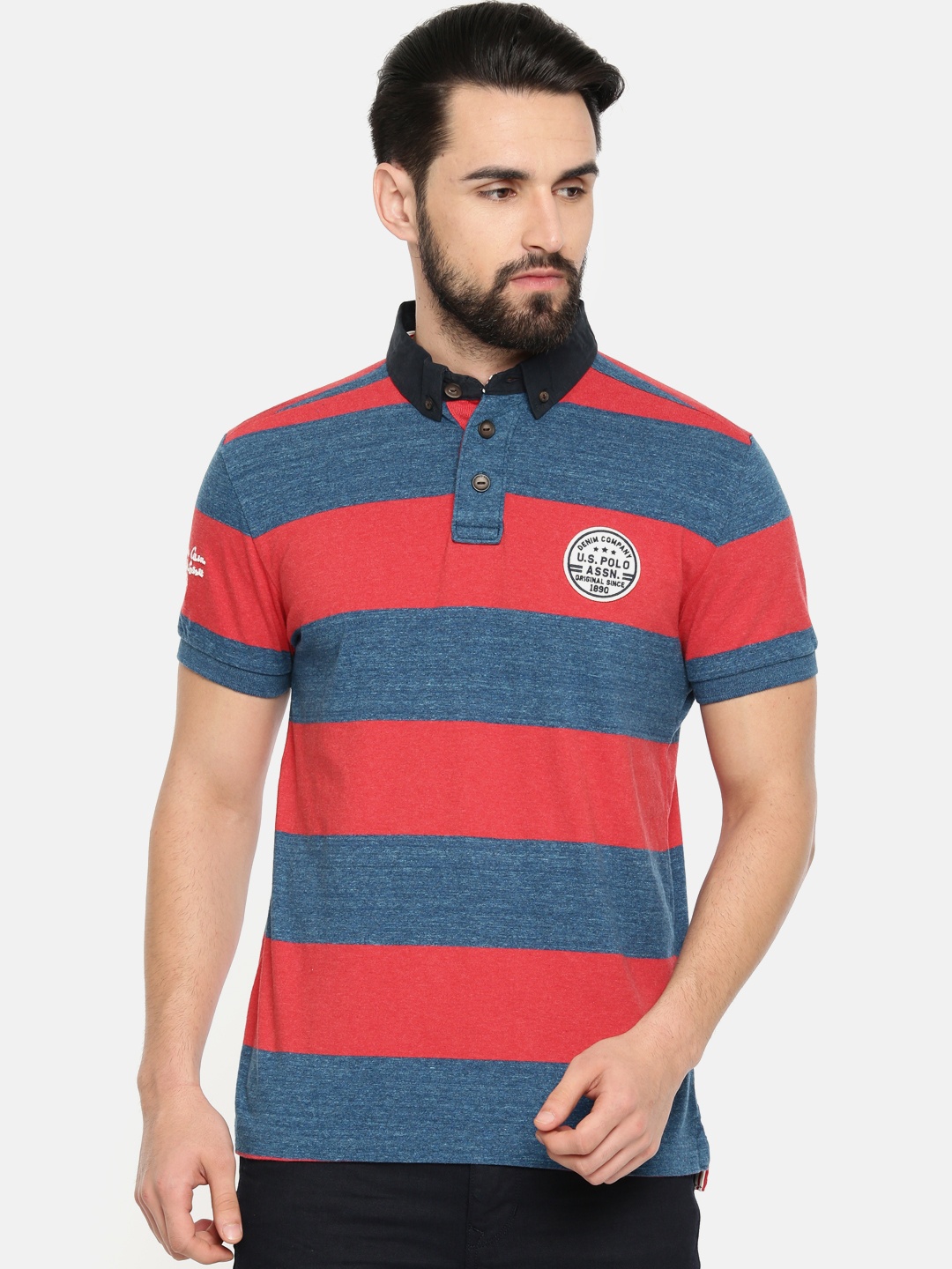 

U.S. Polo Assn. Denim Co. Men Red & Blue Striped Polo T-shirt