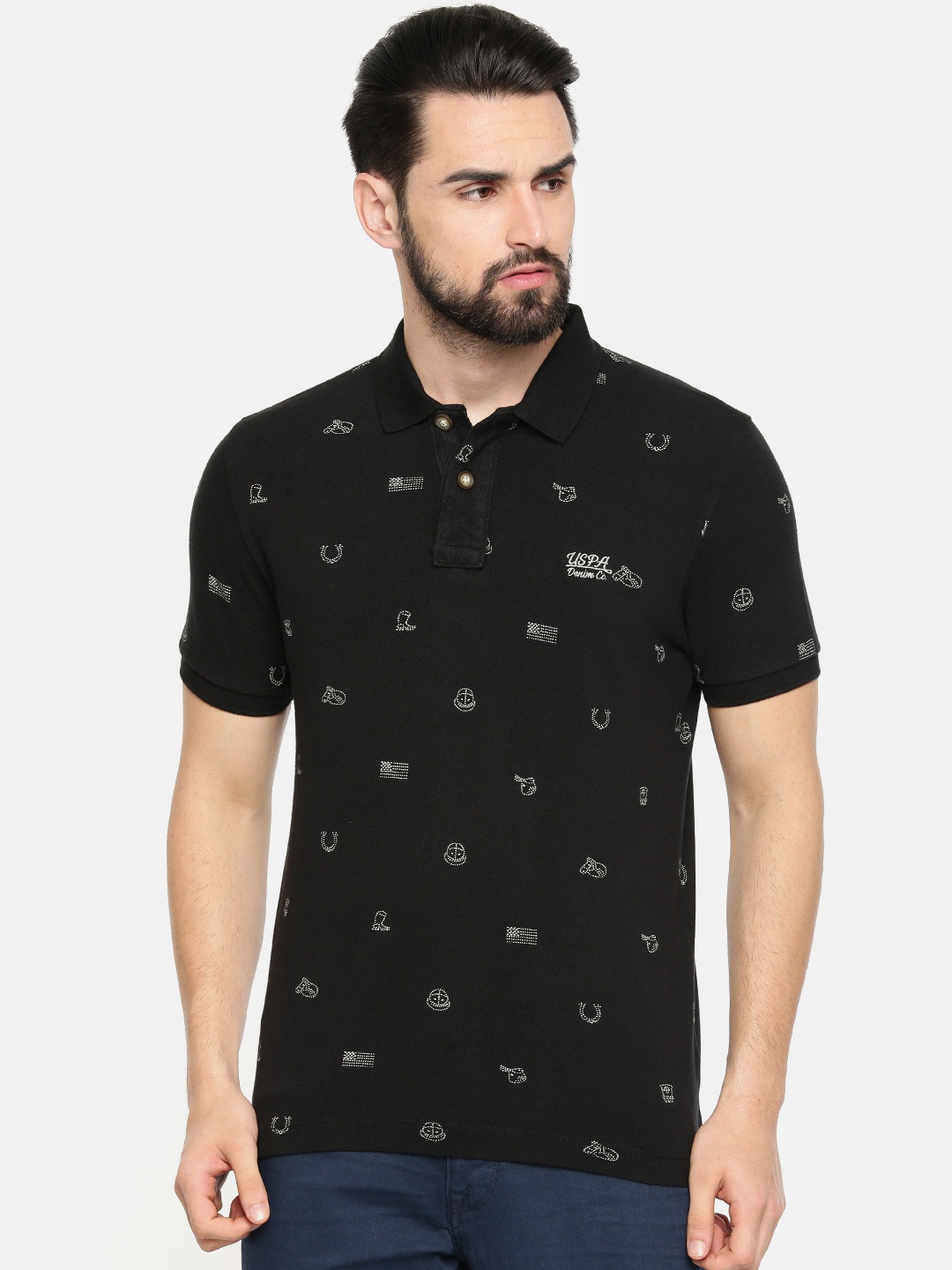 

U.S. Polo Assn. Denim Co. Men Black Printed Polo Pure Cotton T-shirt