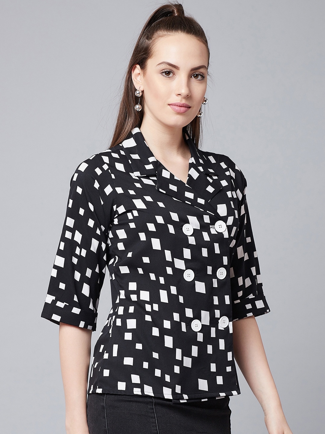 

Athena Women Black Printed Shirt Style Top