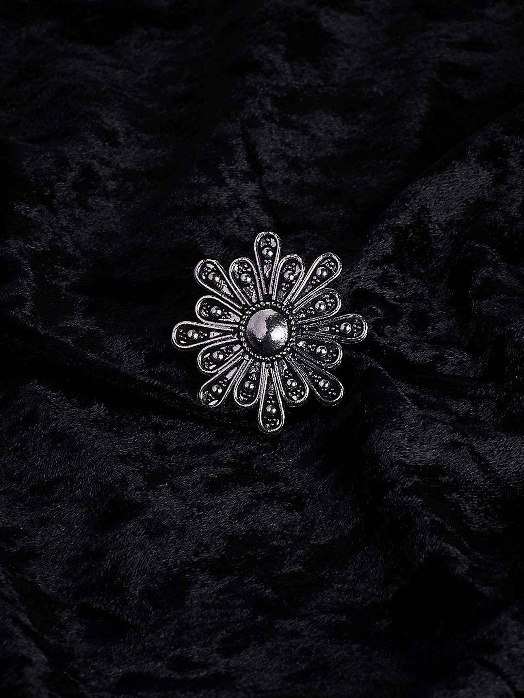 

PANASH Oxidised Silver Floral Adjustable Ring