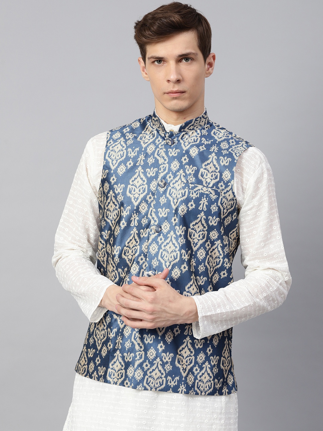 

SOJANYA Men Blue & Off-White Printed Nehru Jacket
