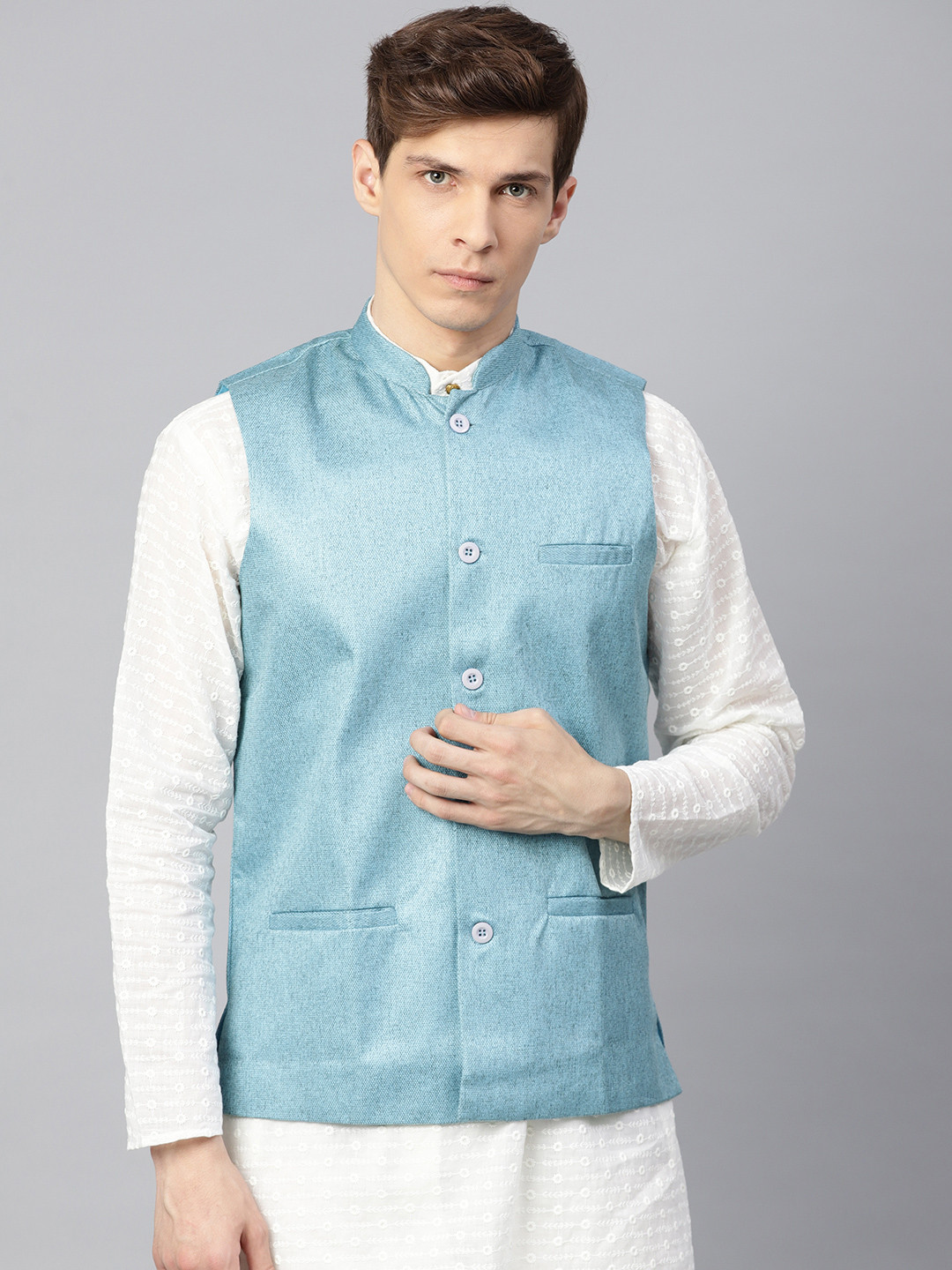 

SOJANYA Men Blue Solid Nehru Jacket