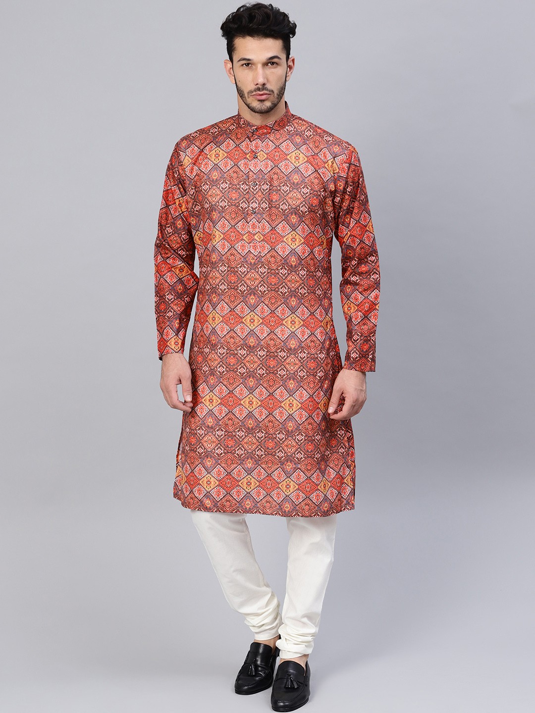 

SOJANYA Men Coral Orange & Off-White Printed Kurta with Churidar