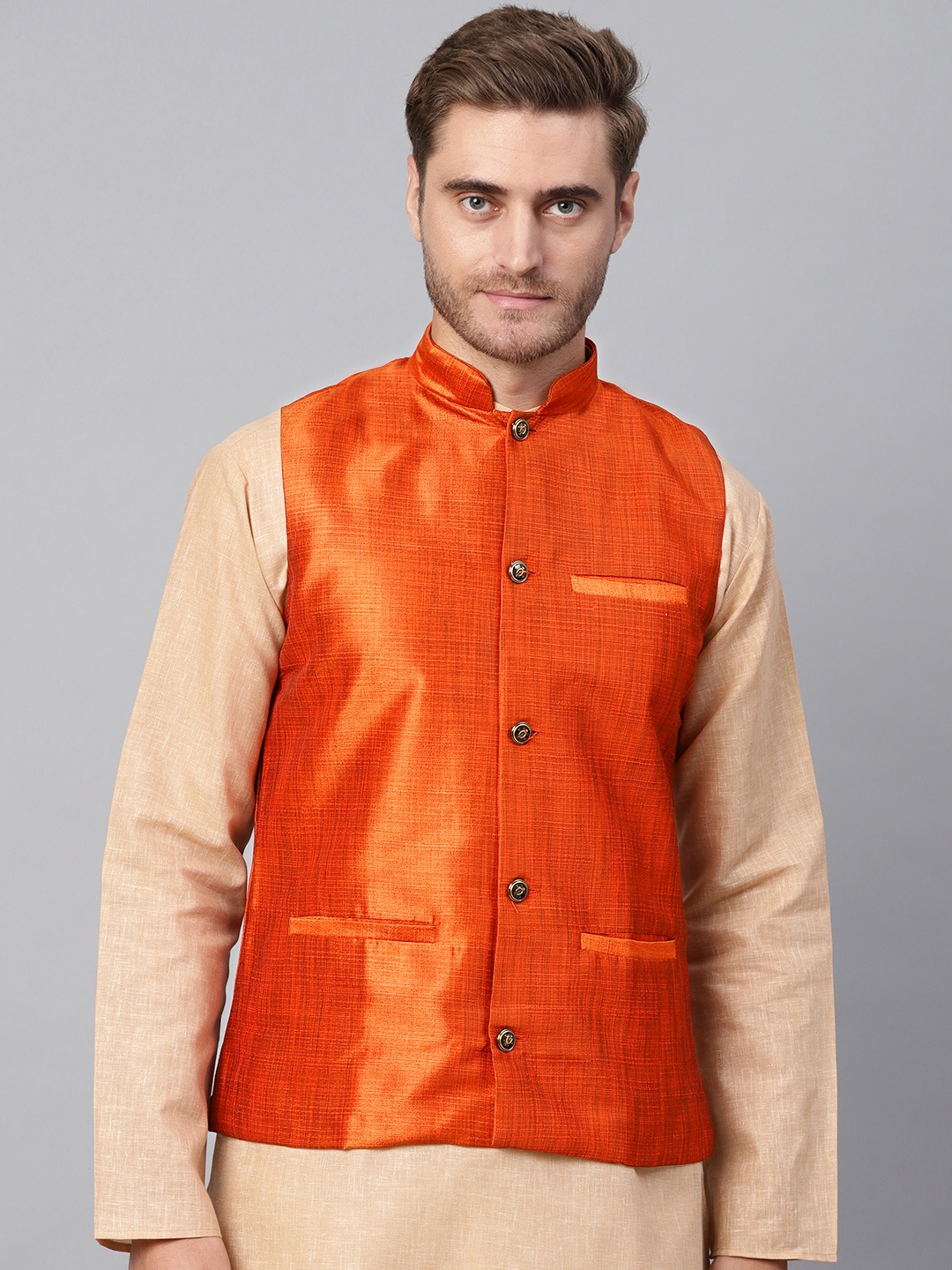 

SOJANYA Men Orange Woven Design Nehru Jacket