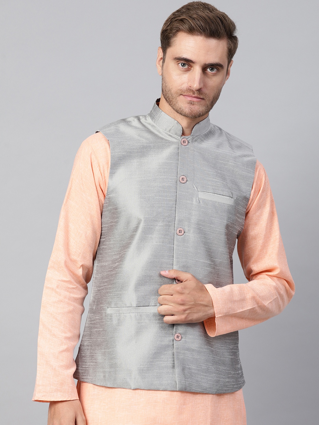 

SOJANYA Men Grey Woven Design Nehru Jacket