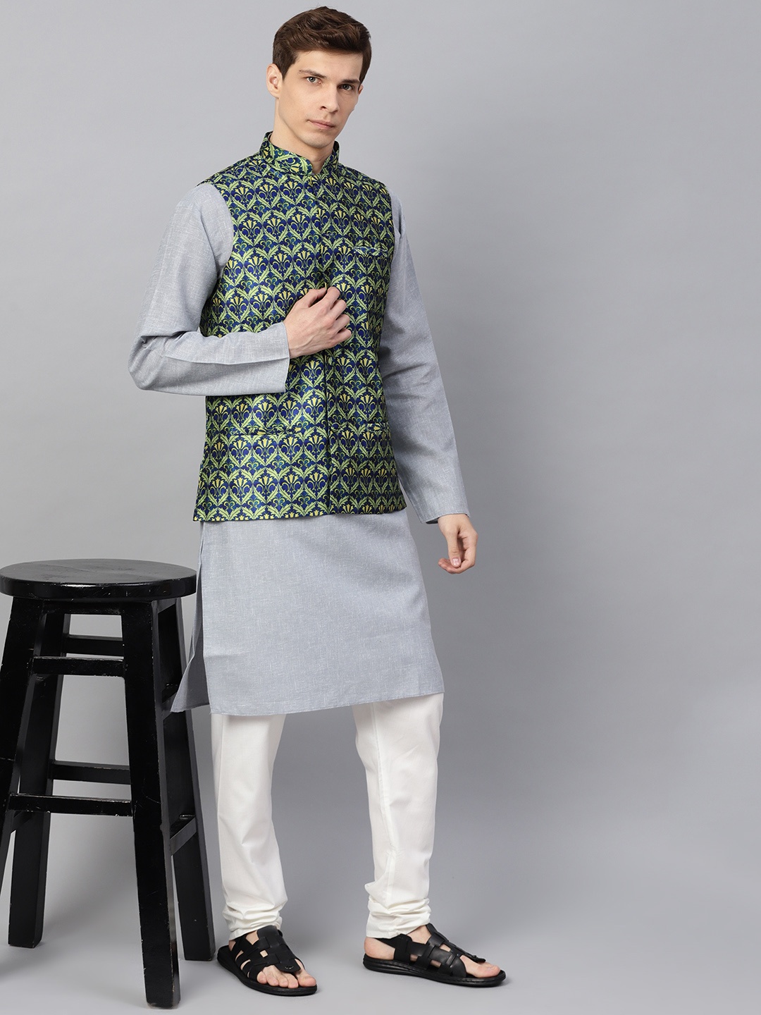 

SOJANYA Men Blue & Green Printed Nehru Jacket