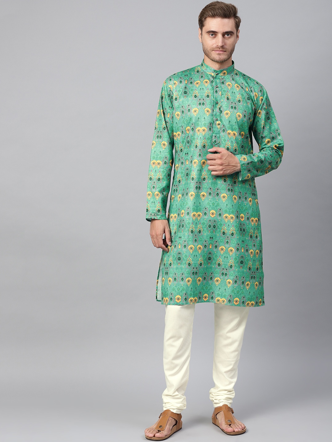 

SOJANYA Men Green & Off-White Printed Kurta with Churidar