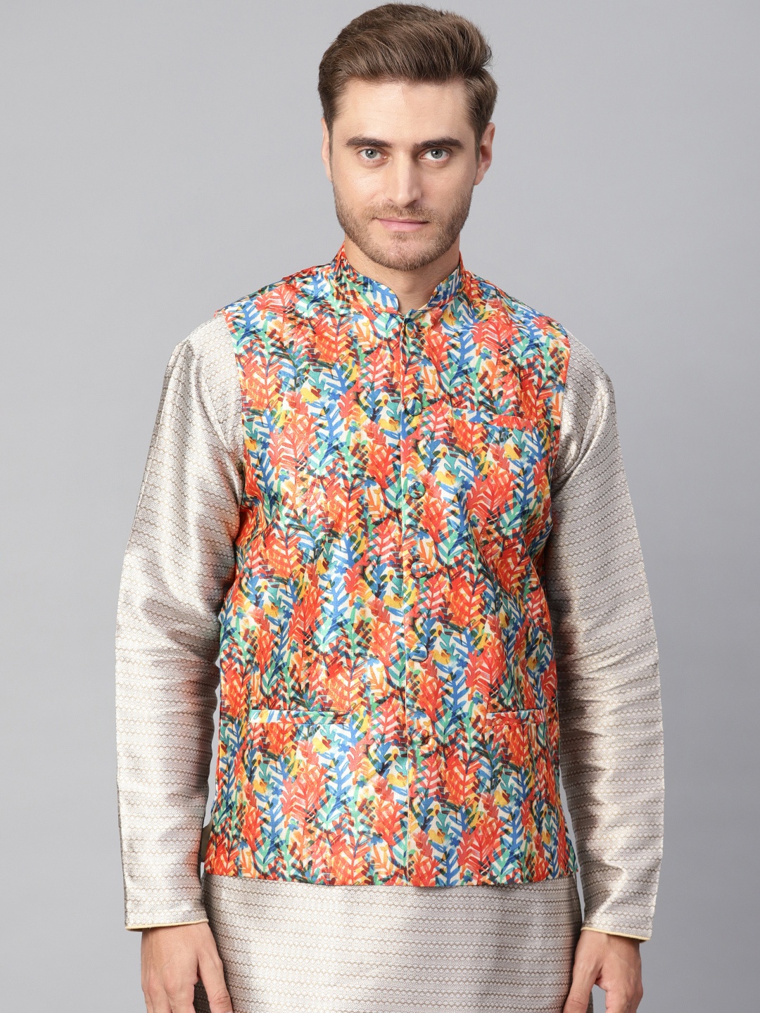 

SOJANYA Men Orange & Blue Printed Nehru Jacket