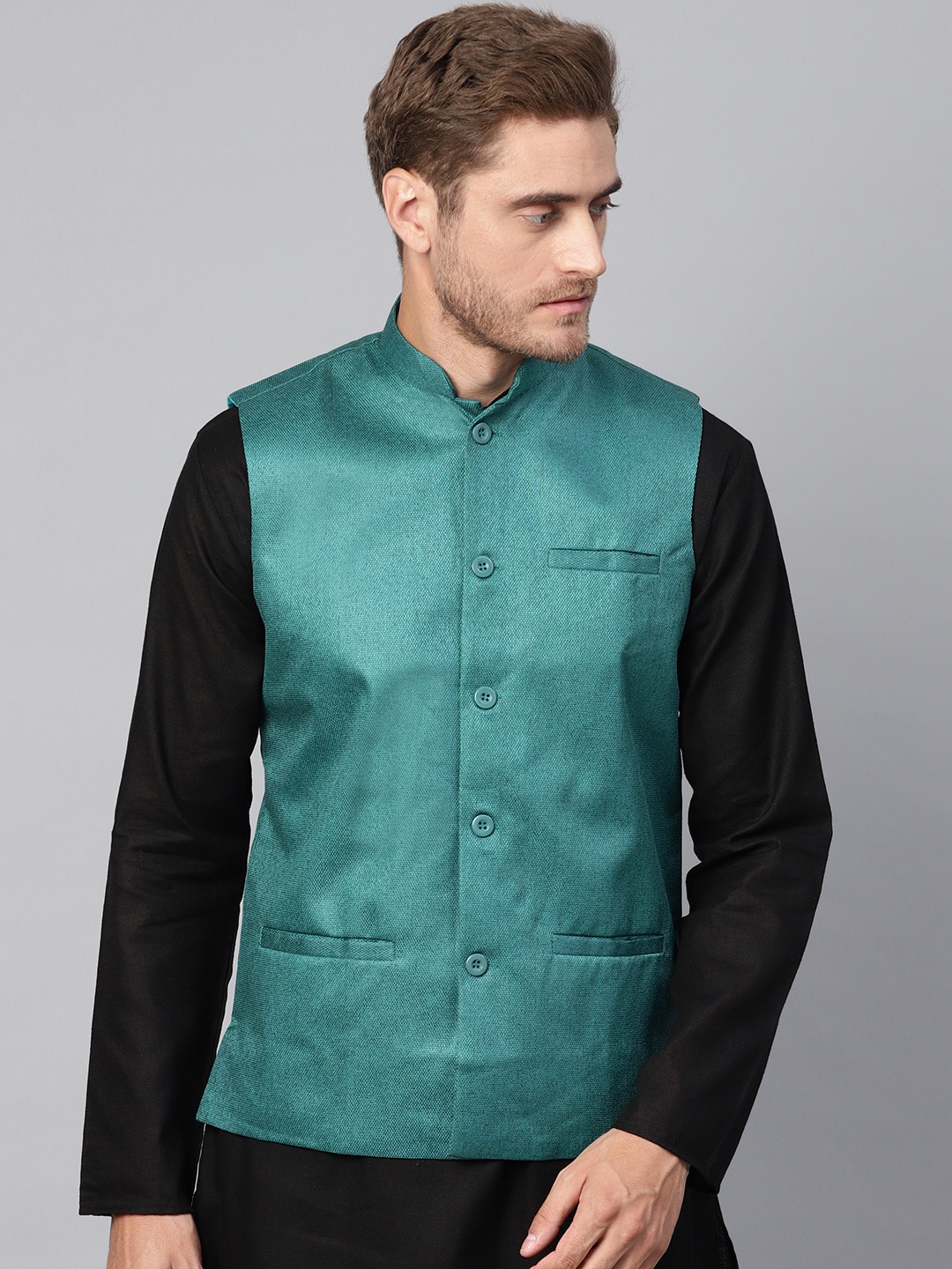 

SOJANYA Men Teal Green Solid Nehru Jacket