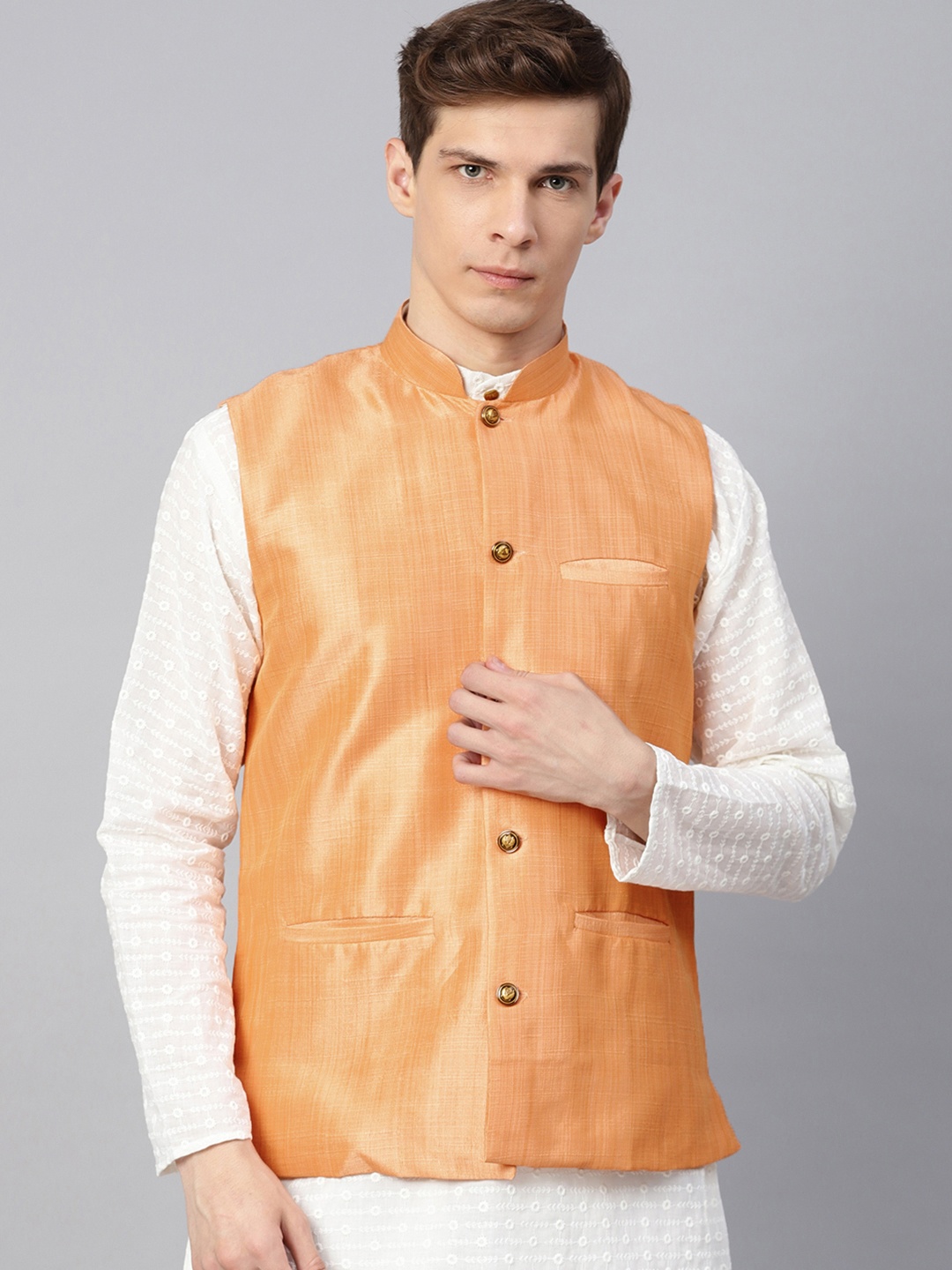 

SOJANYA Men Peach-Coloured Solid Nehru Jacket