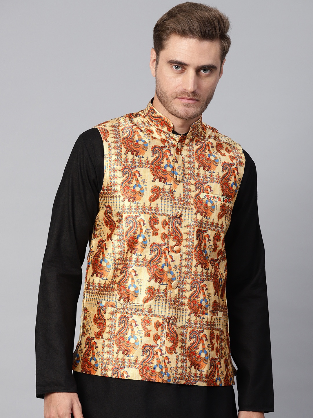 

SOJANYA Men Beige & Brown Printed Nehru Jacket