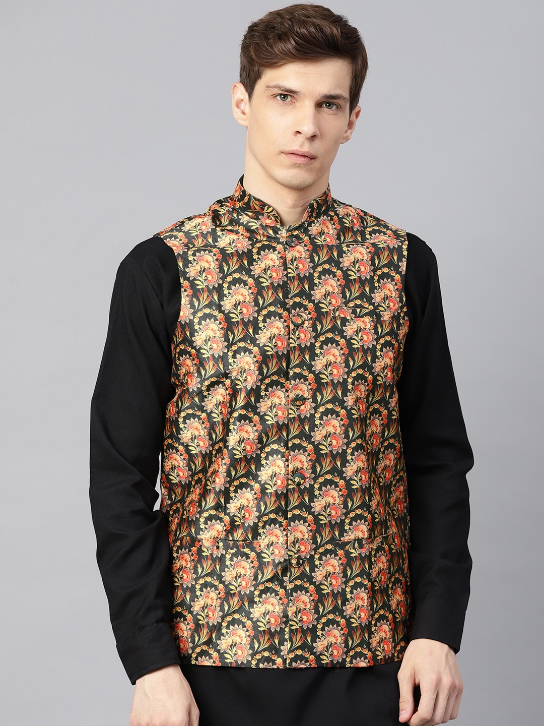 

SOJANYA Men Charcoal Grey & Pink Printed Nehru Jacket